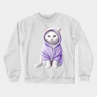 White British shorthair cat wearing purple hoodie Crewneck Sweatshirt